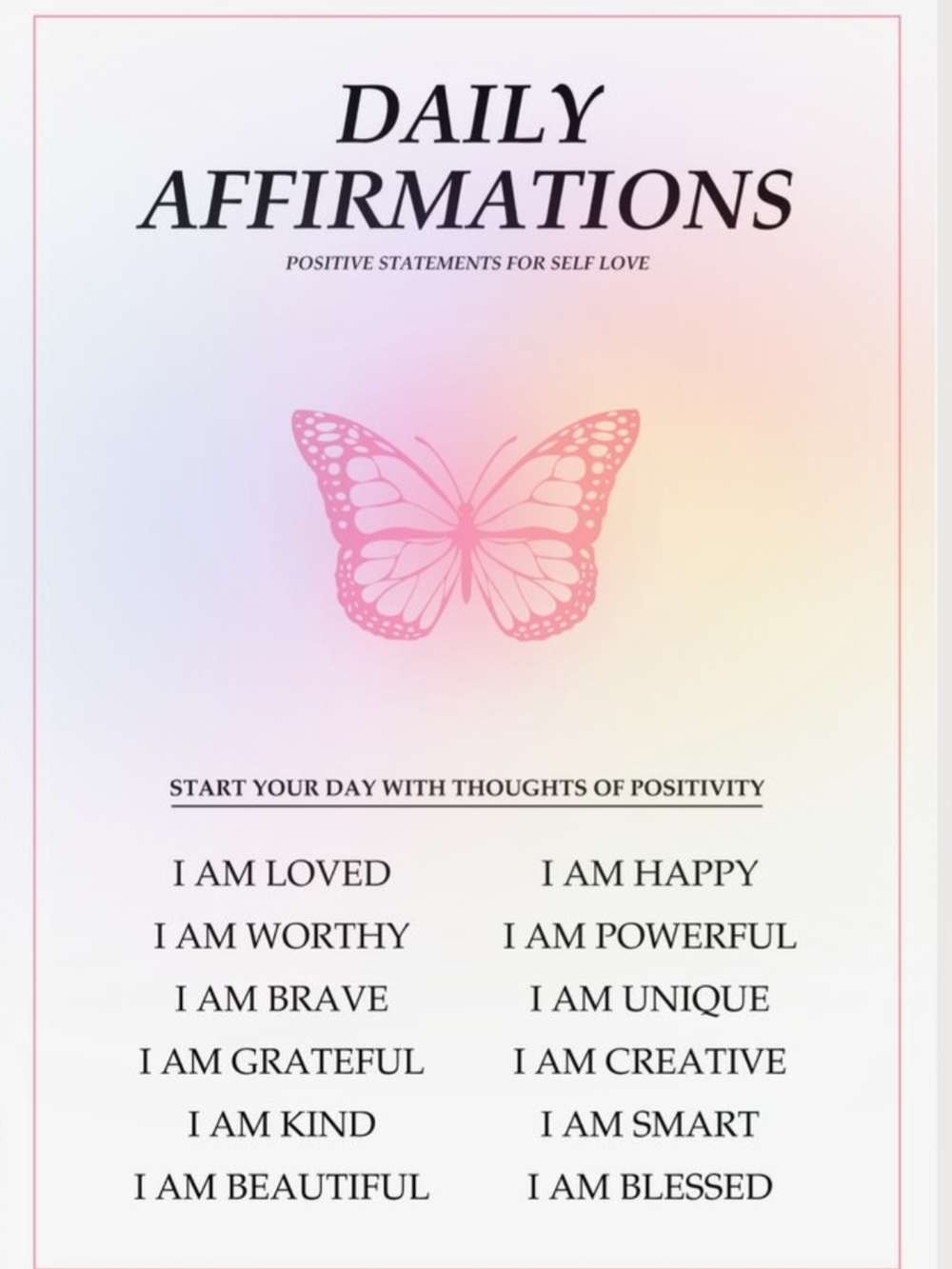 Daily Affirmations Poster with Pink Butterfly